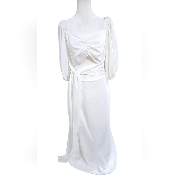 COPACABANA Cotton Blend Puff Sleeve Waist Tie Midriff Cutout Maxi Dress. Size M - Picture 1 of 16